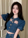 Denim Two Piece Suits Women Sexy Love Pocketshirt Crop Tops Mini Ruffles Skirts Outfits Female Elegant Cowboy 2 Piece Set-Outfit