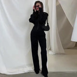 Fongt Autumn New Women's Pure Color Repair Body Coat High Waist Straight Trousers Two Sets