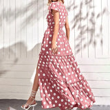 Fongt Spot 2023 Summer New Women's Fashion V-Neck Short Sleeve Side Slit In The Long Polka Dot Dress-Outfit