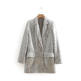 Women Fashion Double Breasted Sequin Blazer Coat Vintage Long Sleeve Flap Pockets Female Outerwear Chic Suit