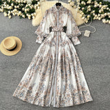 Fongt Style Dress Women's Spring Court Collar Lantern Sleeves To Close The Waist Single Buckle Printing Folded Long Skirt