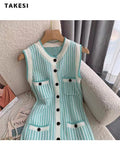 Style Women Elegant Sleeveless V-neck Striped Patchwork Dresses 2023 Summer Classic Slim Pockets Camisole Mini
