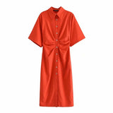 2022 Short Sleeve Summer New Women Fold Mini Dress Retro Slim Elastic Button Pleated Shirt Lapel