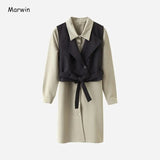 New-Coming Winter Loose Full Sleeve Bow Vest Solid Dresses High Street Style Square Collar Mid-Calf Length Women