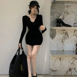 V-neck Korean Dress Short Skirt Waist Solid Color Long Sleeves-Outfit