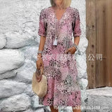 Fongt New Printed Summer V-Neck Casual Holiday Bag Dress Home Clothes Women