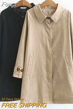 4XL Women's Trench Coat Loose Outerwear Hide Button Windbreaker Female Casual Tops Solid Color Cotton Trench