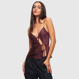 Female Satin Chic Tie Up Hollow Out Crop Top For Women Summer Spaghetti Strap Backless Slim Party Tank Tops Y2K Vest 20-Outfit