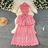 Fongt Luxury High-End Feeling Sleeveless Dress Women's Summer Lotus Leaves Side Waist Temperament Niche Chic Beautiful Long Dress
