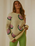 Knitted Women's Sweater Patchwork Fruit Print O-Neck Long Sleeve Female Sweaters 2022 Fashion Soft Thick Pullover