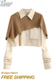 Fashion Women Two Pieces Sets Long Sleeve Short Blouse Shirt + Solid Knitted Pullover Crop Shawl Sweater Female