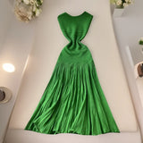 Fongt Luxury Famous Lady High Sense Sleeveless Knitted Dress Girl Summer Folds Splicing To Repair The Royal Sister Temperament Long