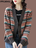 Striped Knit Cardigan Slim Elegant Knitwears Coat Casual Soft Malhas Casaco V-neck Tops Jackets New Woman Sweater