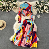 New Advanced Casual Women's Elastic Long Sleeve Pleated Top+High Waist Pleated Half Skirt Printed Skirt 2-piece Set-Outfit