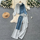 Fongt Kong Flavor Casual Suit Female Fashion Design Stitching Fake Two Hooded Jacket High-Waisted Cowboy Splicing Wide Leg Pants