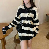 Fongt Cool Soft Waxy Round Collar Stripe Hole Hollow Out Sweater Loose Lazy Wind Design Sense Small Medium Long Sweater-Outfit