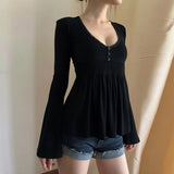 Fongt Lust Wind Base Solid Color V-Neck Lace Lace Bottom Long-Sleeved Girl Feel Perfect Waist Top
