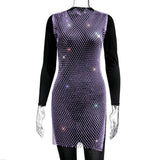 Fongt Women's Mesh Flash Diamond Round Collar Dress