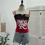 Fongt Edge Denim Spliced Letter Embroidered Sling Sling Vest T-Girls Short Top 23098