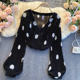 Women Summer Sun Protection Sheer Top V-Neck Polka Dot Lantern Sleeve Sexy Female Clothes All-match Daily Ulzzang