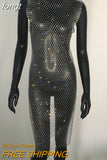 Rhinestones See Through Mini Dress Sexy Sleeveless Fishnet Hollow Out Dresses Women Summer Beach Sexy Cover