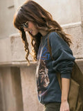 Letter Print Washed Black Sweatshirts Women Cotton Faded Pullovers Punk Vintage Streetwear Rock n Roll Sweatshirt Clothes-Outfit