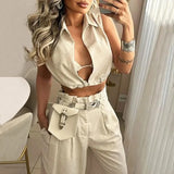 Fongt 2023 New Fashion Solid Color Lapel Sexy Sleeveless Top Casual Pants Suit-Outfit