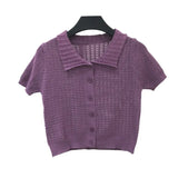 Sweater Women's 2024 Summer Korean Version Of Single-Breasted Polo Collar Knitted T-Shirt Short Style Short-Sleeved Blouse-Outfit