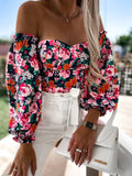 Hot Style Spring And Summer Sexy Word Collar Open Shoulder Wrapped Chest Print Shirt-Outfit