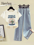Women Summer Two Pieces Set Korean Casual Ruffles Lace Patchwork Letter Print Top And Wide Leg Denim Pants