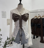 Fongt Shooting V Tie With Retro 2025 New Hottie Sexy Lace Splicing Pu Leather Hollow Shirt Top 6108