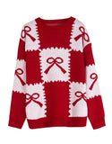 Fongt And Winter New Christmas Sweater Women's Loose Knitted Jersey Square Bow Bump Color Coat