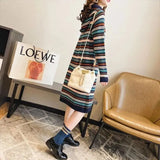 Folk Striped Knitted Dresses Female Clothing Casual Hooded Autumn Winter Commute Fashion Drawstring Straight Midi Dress-Outfit