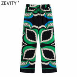 2021 Women Vintage Position leaves Print Casual Straight Pants Female Chic Elastic Waist Summer Long Trousers