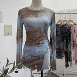 Fongt Tie-Dye-Print Net Yarn Jersey Long-Sleeved Top Irregularly T-Shirt With Thin Short T-Shirt 1919