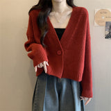 Spring And Autumn Solid Color New V-Neck Short Sweater Jacket With A Sense Of Design For A Small Knitted Cardigan Woman-Outfit