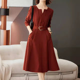 Fongt And Autumn 2025 Luxury Temperament Orange Red Design Sense V Collar Long-Sleeved Dress Elegant Commute Fashion Long Dress