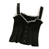 New Ice Silk Knitted Vest Female Korean Version V-Neck High-Waist Short Lace Spliced Solid Color Sling