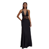 Fongt Summer New Women's Deep V-Dress Long Dress Lace Perspective Sexy Bodydress Dress Woman