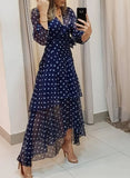 Women's Wear Spring And Autumn Wave Point Irregular Printing V-Collar Long Dress Women's Spot-Outfit