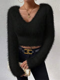 Fongt And Winter New Solid Color V-Neck Repair With Plush Short Lady Sweater
