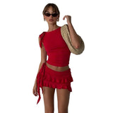 Fongt Summer New Women's Sleeveless Round Collar Bodysuit Small Vest Top Two Sets