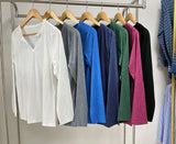 New V-Collar Color Cotton Pure Color Long-Sleeved Loose T-Shirt Jacket Women-Outfit