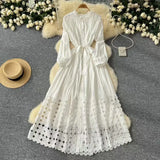 Fongt Retro Hollow Hook Lace Splicing Bow Strap With Waist Single Buckle Over Knee Dress New Autumn New