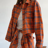 Fongt 2023 Women's College Style Orange Plaid Shirt Women's Loose Pocket Lapel Long-Sleeved Shirt-Outfit