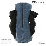 Fongt New Round-Neck Denim Collevetic Collider Pintap Crash Color Removable Heap Sleeve Dress 1654