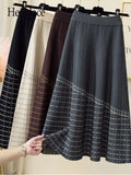 Winter Warm Thicken Knitted Skirts Women High Waist A-line Striped Patchwork Knitting Skirts Office Ladies Elegant