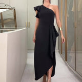 Fongt 2023 New Fashion Solid Color Diagonal Lace Sleeve Slit Sexy Skirt-Outfit