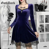 Dark Vintage Gothic Velour Autumn Dresses For Women Alt Clothes Grunge Long Sleeve Bodycon Partywear Lace Trim A-Line