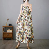 Fongt Summer Art And Leisure Swing Cotton Tample Long Print Beach Dress Women's Sleeveless